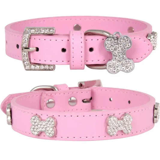 Pink Leather Diamante Bones Dog Collar with Charm Posh Pawz 1