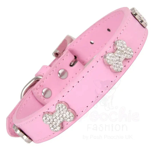 Pink Leather Diamante Bones Dog Collar with Charm - Posh Pawz - 2