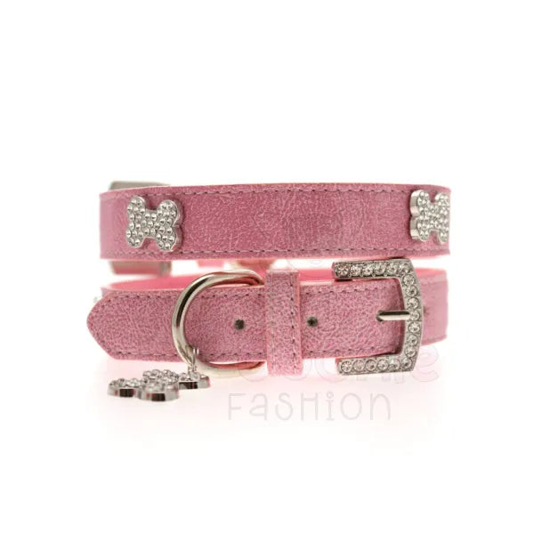 Pink Leather Diamante Bones Dog Collar with Charm - Urban Pup - 4