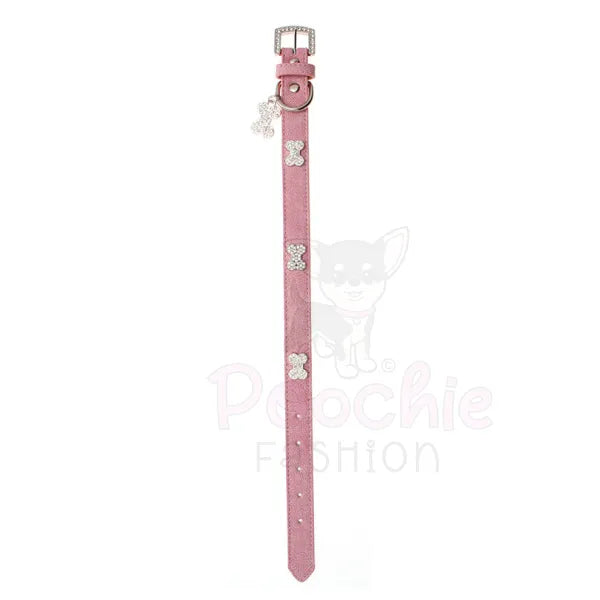 Pink Leather Diamante Bones Dog Collar with Charm - Urban Pup - 2