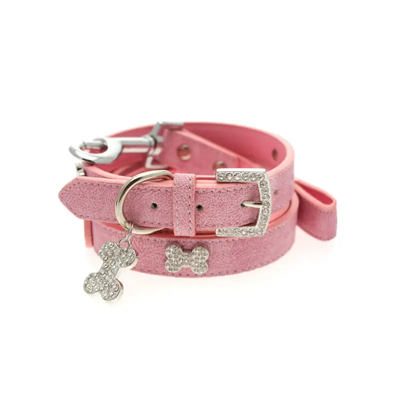 Pink Plain Leather Diamante Bones Dog Collar and Lead Set - Posh Pawz - 1