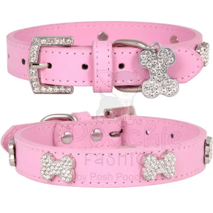 Pink Plain Leather Diamante Bones Dog Collar and Lead Set Posh Pawz 2