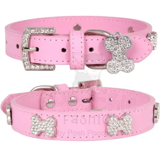 Pink Plain Leather Diamante Bones Dog Collar and Lead Set Posh Pawz 2