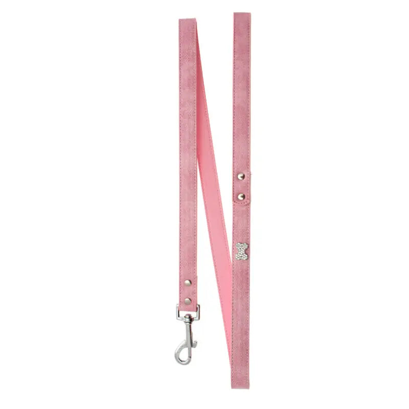 Pink Plain Leather Diamante Bones Dog Collar And Lead Set - Urban 3