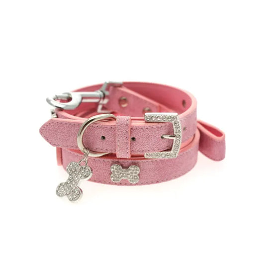 Pink Plain Leather Diamante Bones Dog Collar and Lead Set - Urban - 1
