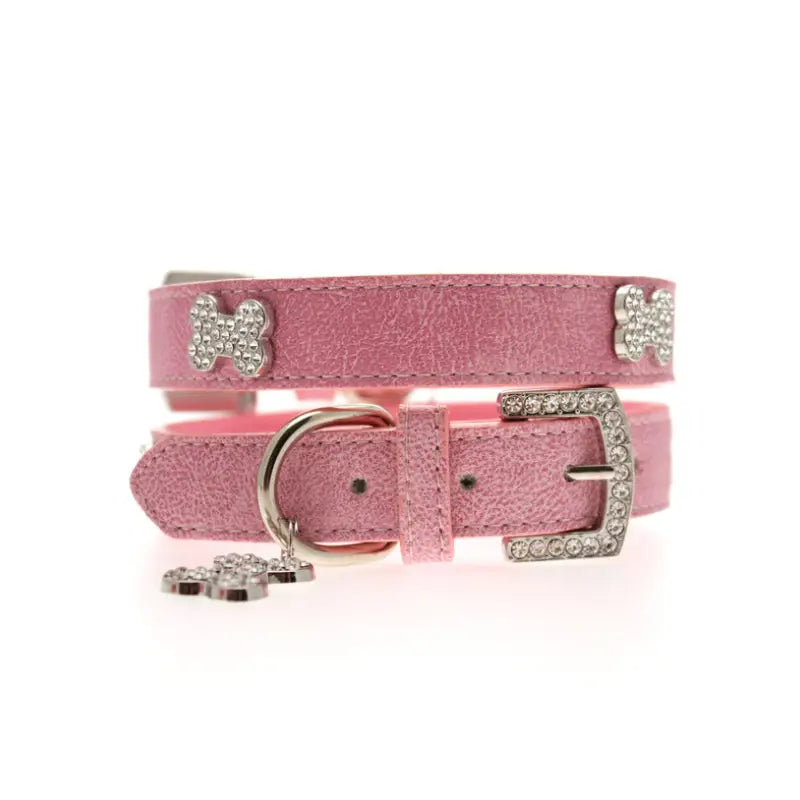 Pink Plain Leather Diamante Bones Dog Collar And Lead Set - Urban 2