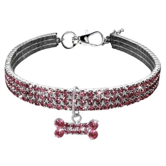Pink Rhinestone Crystal Pet Necklace with Bone Pendant - Posh Pawz - 1