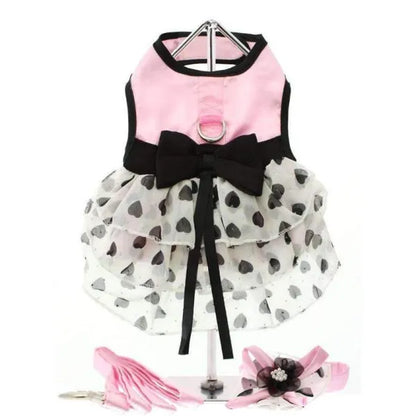 Pink Satin and Hearts Chiffon Dog Harness Dress Set - Urban - 1