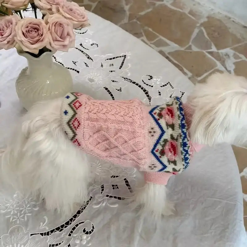 Pink Vintage Rose Chunky Cable Knit Dog Jumper - Posh Pawz - 4