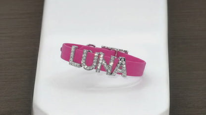 Magenta Pink Waterproof Personalised Dog Collar With Large Diamante Letters