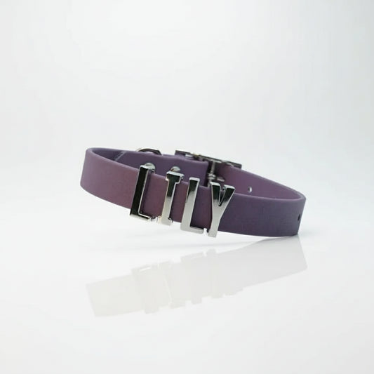 Purple Waterproof Personalised Dog Collar with Chrome Letters - Poochie Fashion - 1