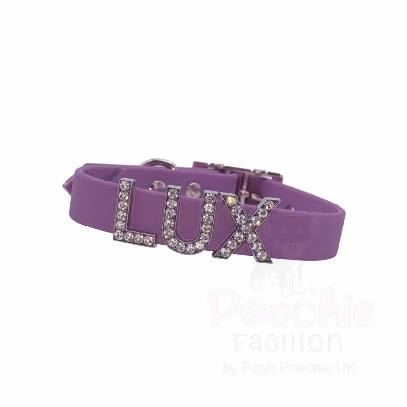 Purple Waterproof Personalised Dog Collar with Large Diamante Letters - Poochie Fashion - 3
