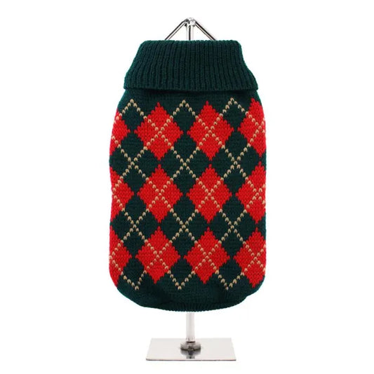 Red and Dark Green Argyle Dog Jumper - Urban Pup - 1