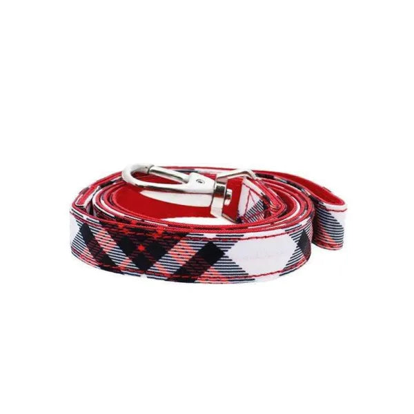 Red And White Tartan Plaid Designer Fabric Dog Lead - Urban Pup - 1