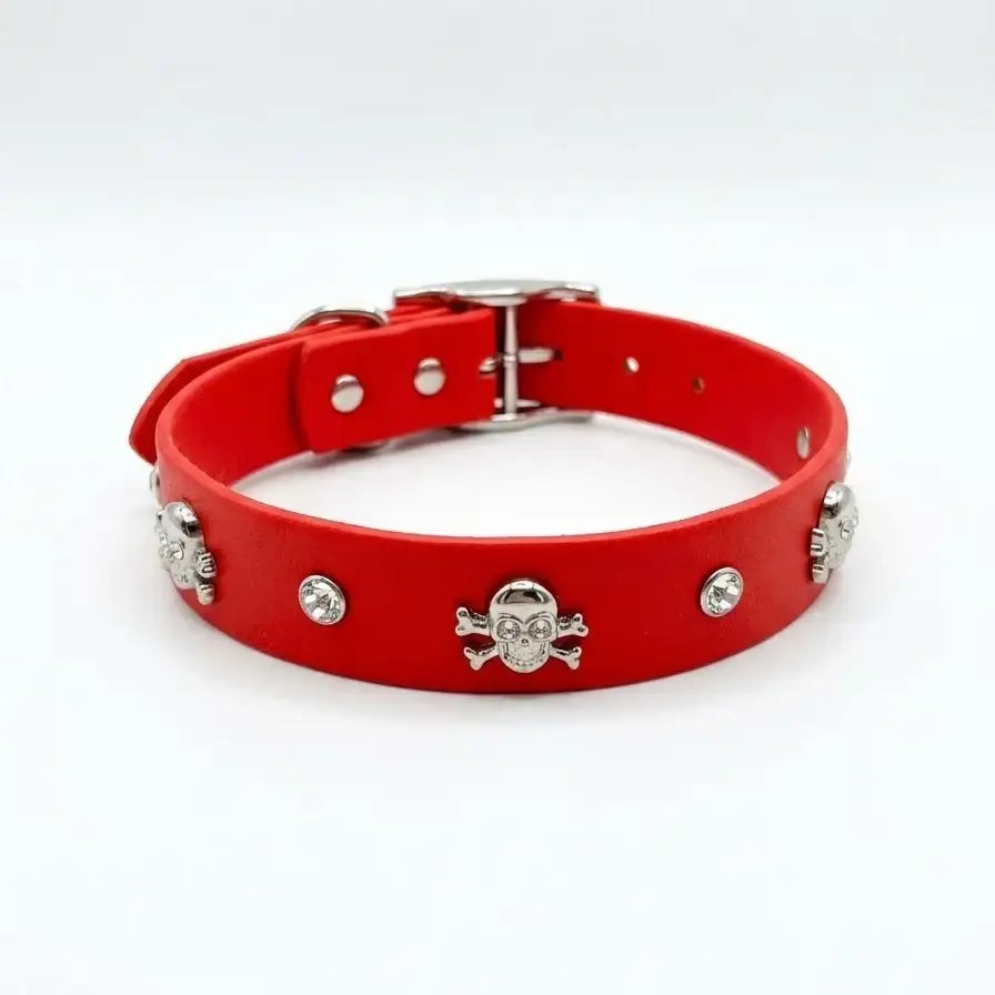 Red Biothane Skull & Crossbones Crystal Dog Collar - Poochie Fashion - 1