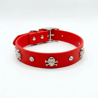 Red Biothane Skull & Crossbones Crystal Dog Collar - Poochie Fashion - 1