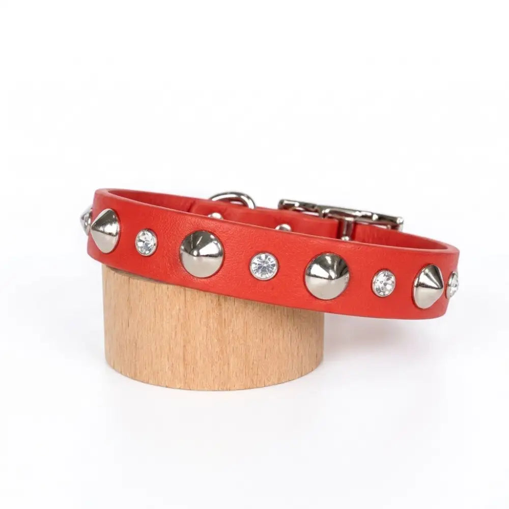 Red Biothane Slim Stud & Crystal Dog Collar - Poochie Fashion - 1