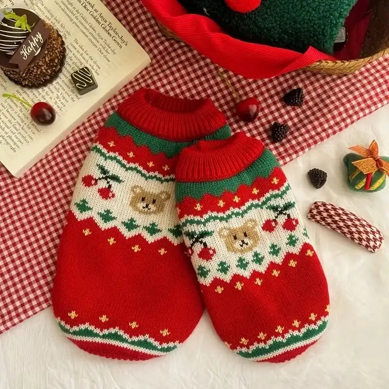 Red Festive Cherry Bear Dog Jumper - Posh Pawz - 3
