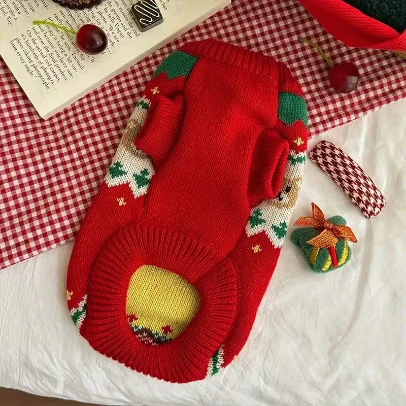 Red Festive Cherry Bear Dog Jumper - Posh Pawz - 5