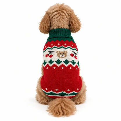 Red Festive Cherry Bear Dog Jumper - Posh Pawz - 1