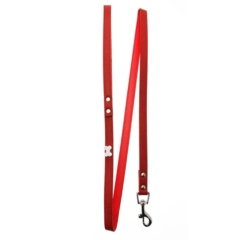 Red Leather Diamante Bone Dog Lead - Posh Pawz - 1