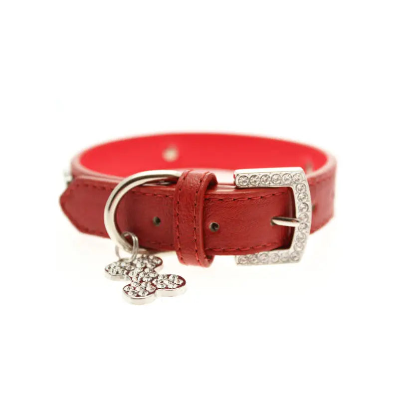 Red Leather Diamante Bones Dog Collar And Charm - Urban Pup 5
