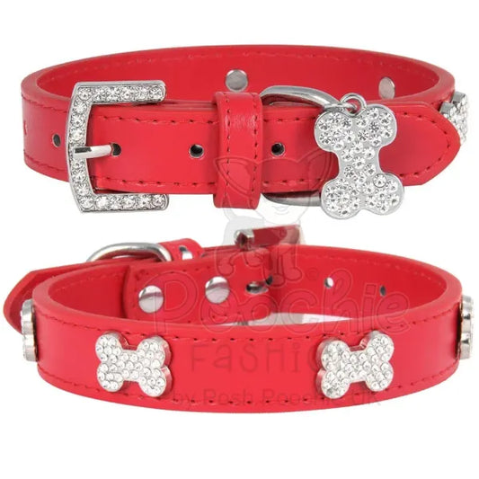 Red Leather Diamante Bones Dog Collar and Lead Set Posh Pawz 2