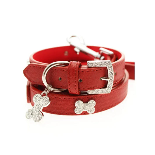 Red Leather Diamante Bones Dog Collar and Lead Set - Urban - 1
