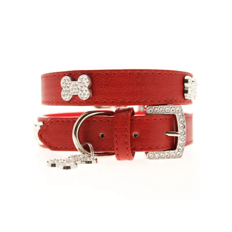 Red Leather Diamante Bones Dog Collar And Lead Set - Urban 4