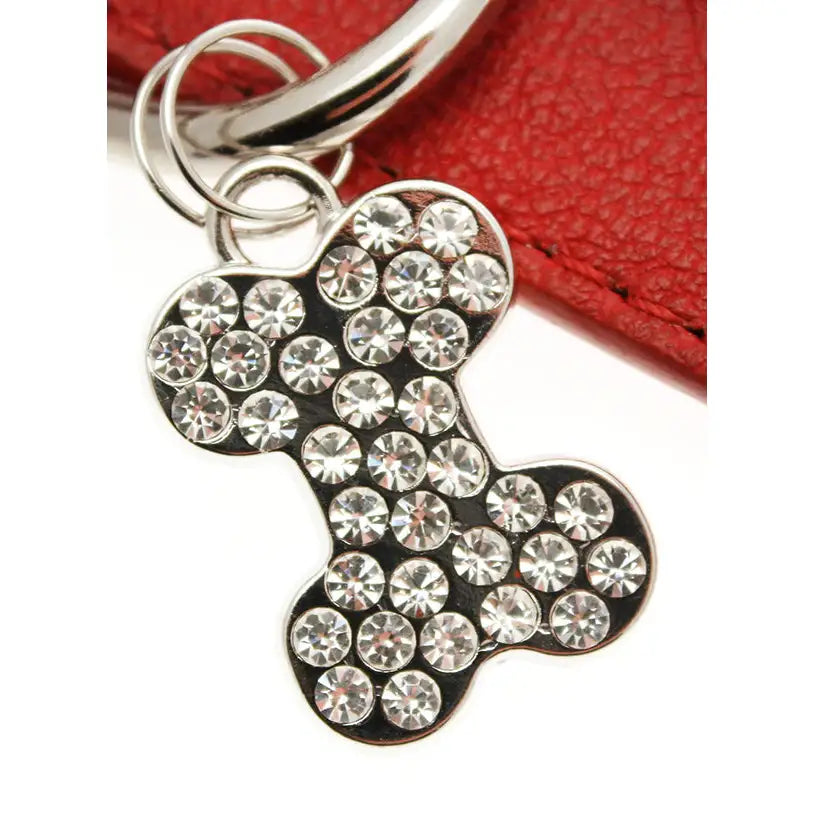 Red Leather Diamante Bones Dog Collar with Charm - Poochie Fashion - 4