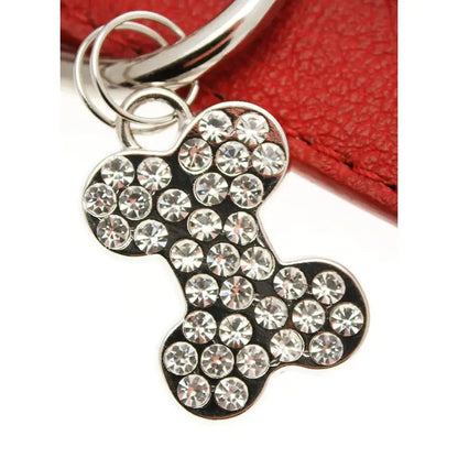 Red Leather Diamante Bones Dog Collar with Charm - Poochie Fashion - 4