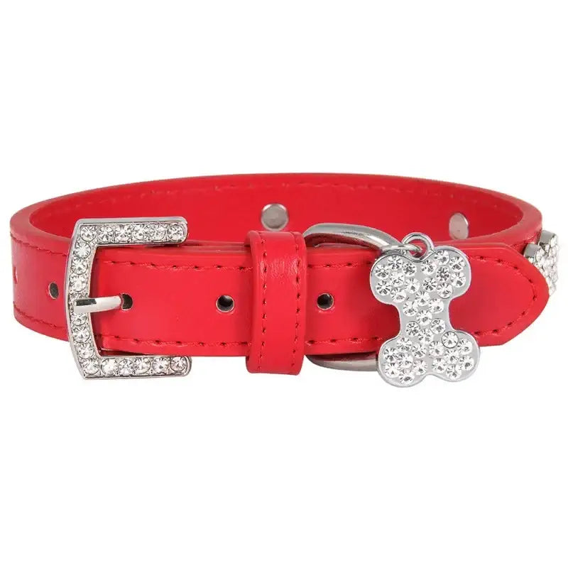 Red Leather Diamante Bones Dog Collar with Charm - Poochie Fashion - 5