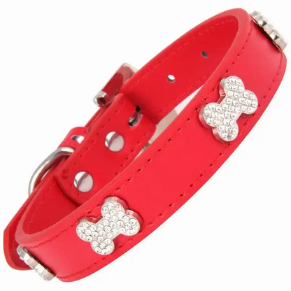 Red Leather Diamante Bones Dog Collar with Charm - Poochie Fashion - 2