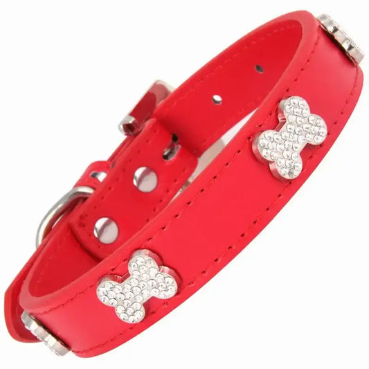 Red Leather Diamante Bones Dog Collar with Charm - Poochie Fashion - 2