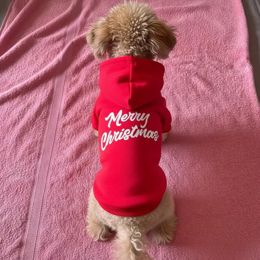 Red Merry Christmas Fleece Dog Hoodie - Poochie Fashion - 1