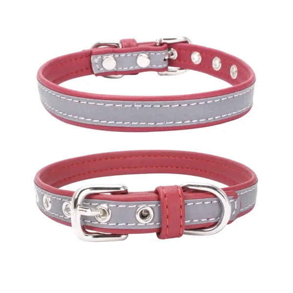 Red Night Reflective Eco-leather Dog Collar - Posh Pawz - 1
