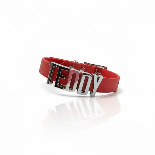 Red Waterproof Personalised Dog Collar with Chrome Letters - Poochie Fashion - 1