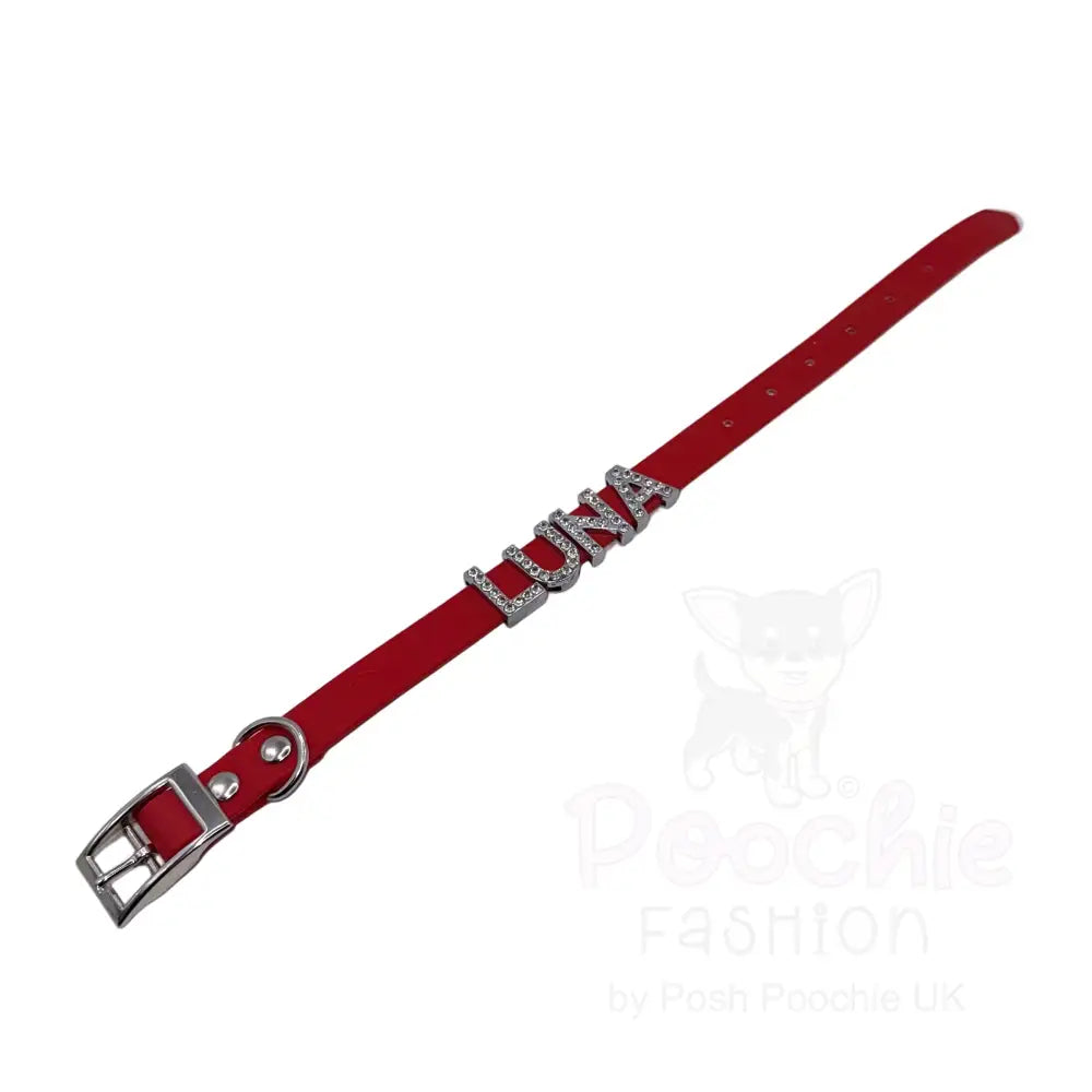 Red Waterproof Personalised Dog Collar with Diamante Letters - Poochie Fashion - 4