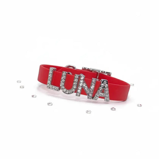 Red Waterproof Personalised Dog Collar with Diamante Letters - Poochie Fashion - 1