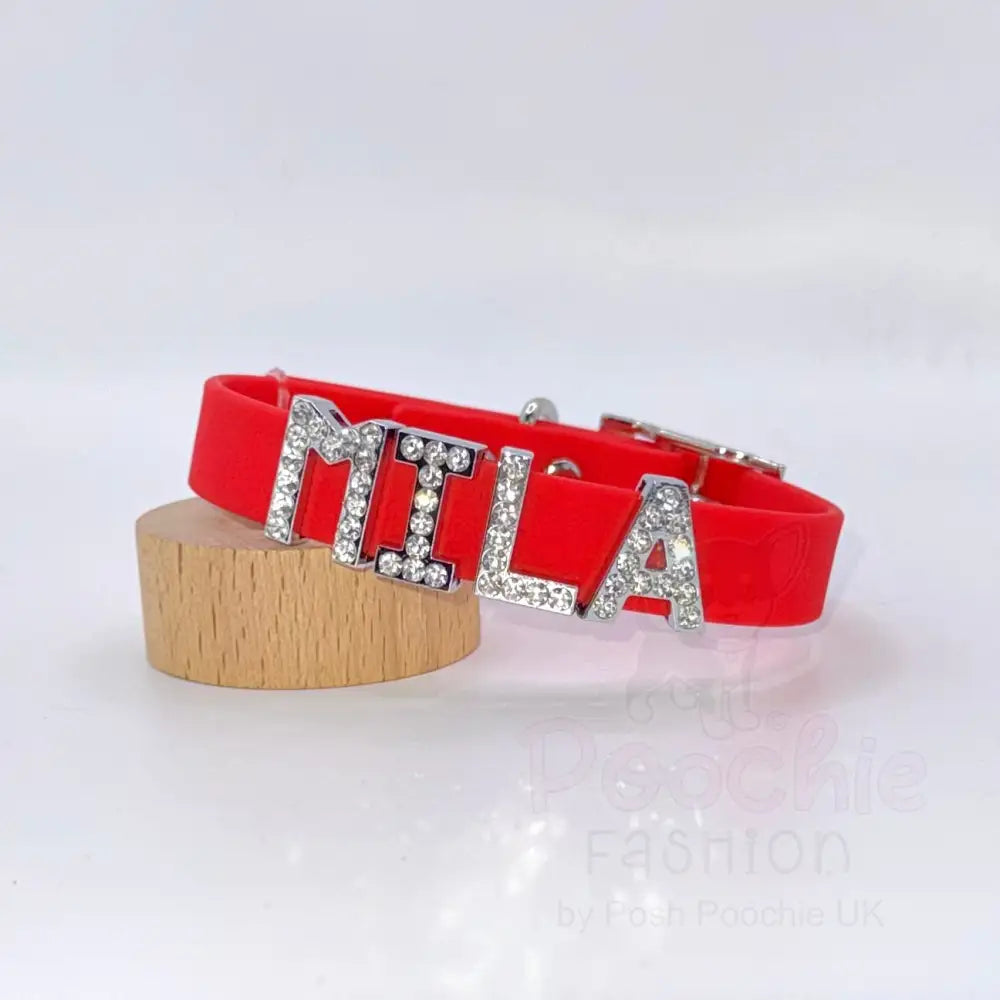 Red Waterproof Personalised Dog Collar with Large Diamante Letters - Poochie Fashion - 4