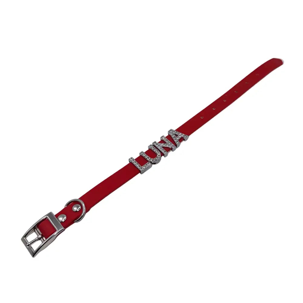 Red Waterproof Personalised Dog Collar with Large Diamante Letters - Poochie Fashion - 6