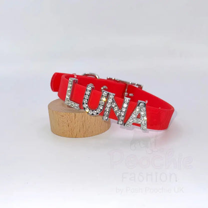 Red Waterproof Personalised Dog Collar with Large Diamante Letters - Poochie Fashion - 5