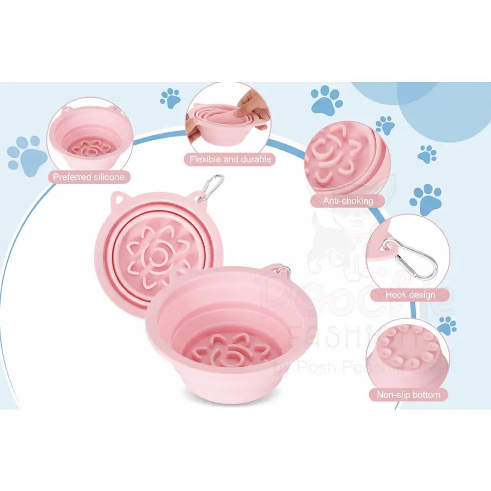 Silicone Collapsible Travel Bowl with Lick Pad in Pink - Posh Pawz - 3