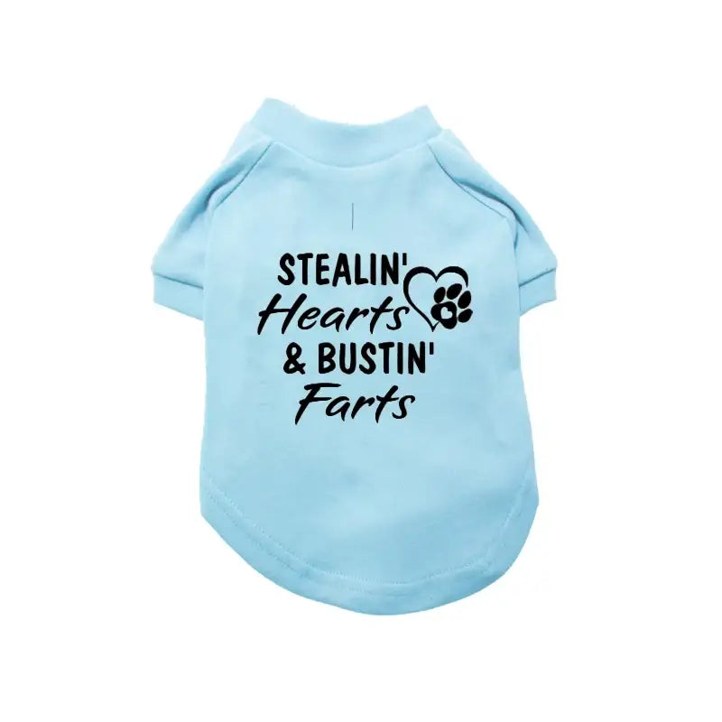 Stealin’ Hearts and Bustin’ Farts Dog T-shirt Aqua Blue - Rich Paw - 1