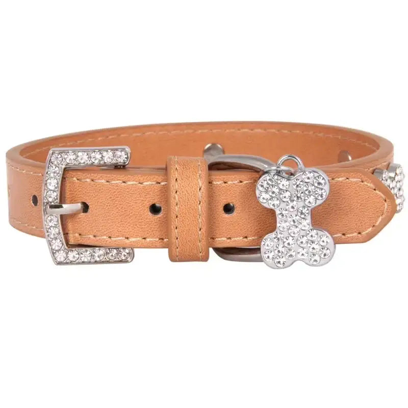 Tan Leather Diamante Bones Dog Collar with Charm - Poochie Fashion - 2