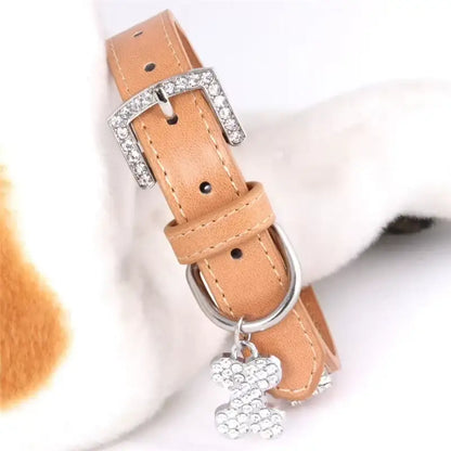 Tan Leather Diamante Bones Dog Collar with Charm - Poochie Fashion - 4