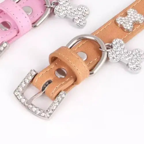 Tan Leather Diamante Bones Dog Collar with Charm - Poochie Fashion - 3