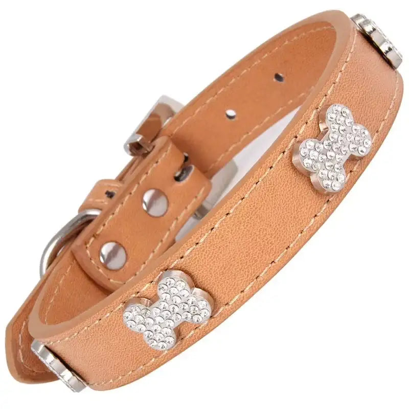 Tan Leather Diamante Bones Dog Collar with Charm - Poochie Fashion - 1