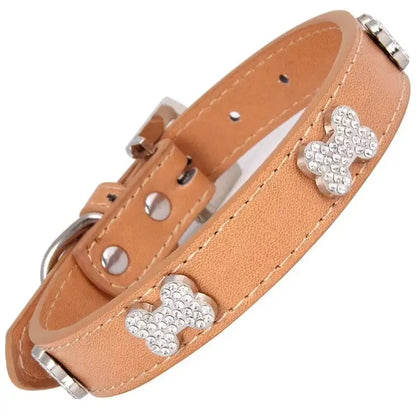 Tan Leather Diamante Bones Dog Collar with Charm - Poochie Fashion - 1