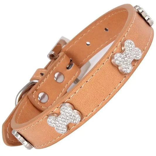 Tan Leather Diamante Bones Dog Collar with Charm - Poochie Fashion - 1